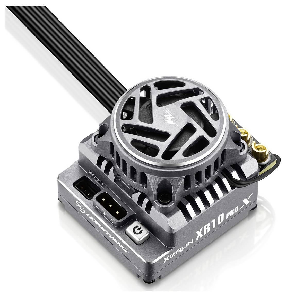 Srebrny, kompaktowy elektroniczny regulator prędkości (ESC) z żeberkami chłodzącymi i wentylatorem, z oznaczeniem "Xerun XR10 Pro", z czarnym przewodem.