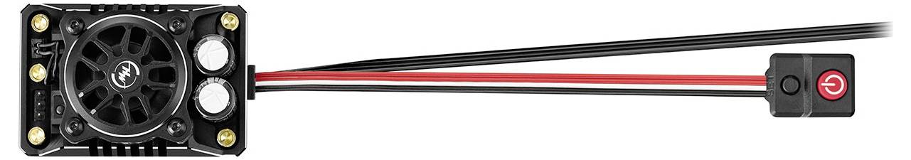 Mały czarny wentylator z czerwonymi i czarnymi przewodami, podłączony do przełącznika z symbolem włączania/wyłączania. Odpowiedni do chłodzenia elektroniki.