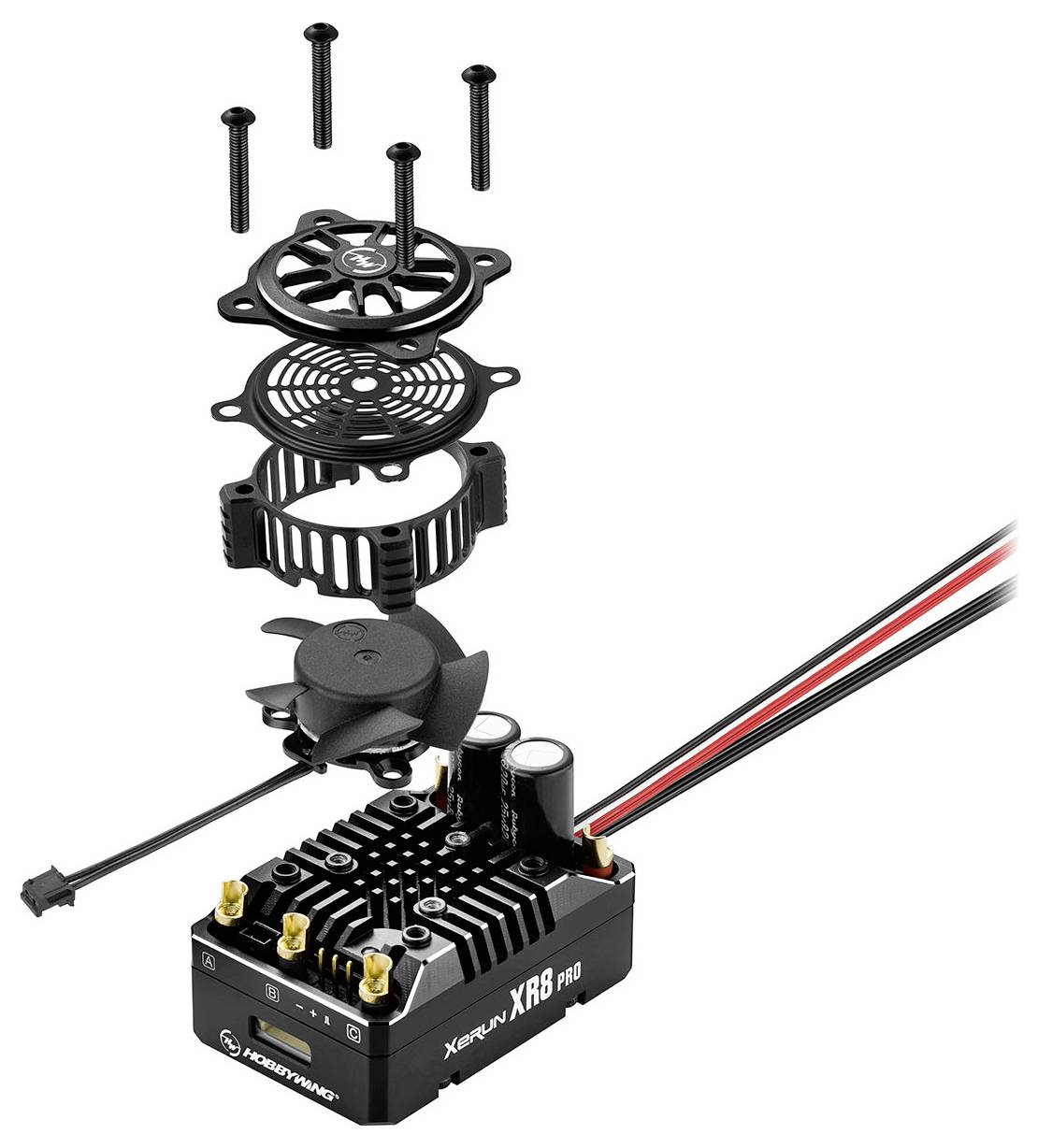 Elektroniczny zespół z wentylatorami i śrubami zawieszony nad czarną obudową regulatora z wieloma złączami.