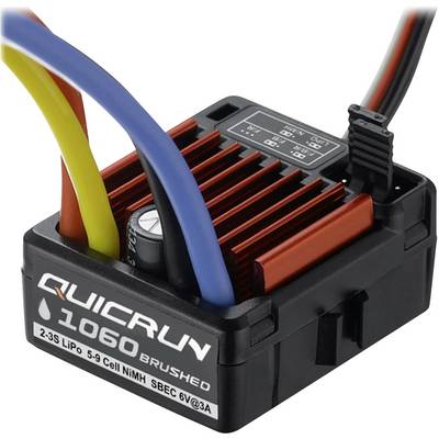 'Elektroniczny element podzespołu QUICRUN, model 1060, z przewodami i radiatorem. Obsługuje akumulatory 2-3S LiPo, 5-9 ogniw NiMH, oferuje SBEC 6V/3A.'