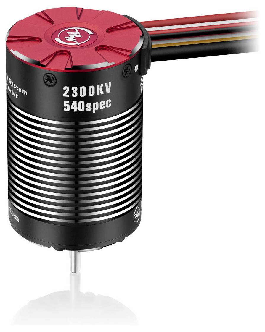 Silnikowy bezszczotkowy z czerwoną pokrywą, 2300KV, specyfikacja 540. Czuarne obudowa z srebrnymi żebrami. Wielokolorowe przewody na górze.