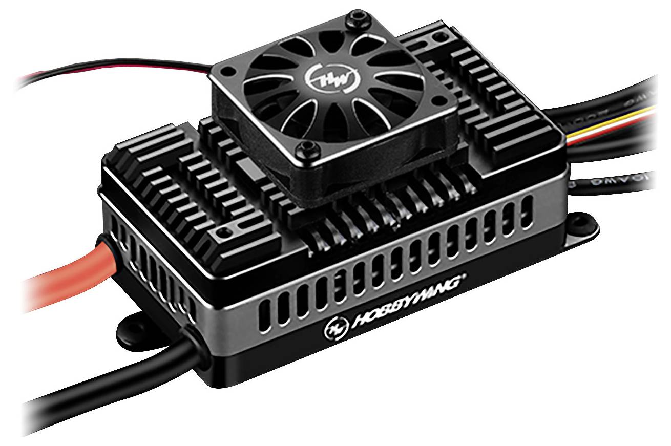 Czarny, prostokątny kontroler RC do pojazdów marki HobbyWing z wentylatorem i złączami kablowymi.
