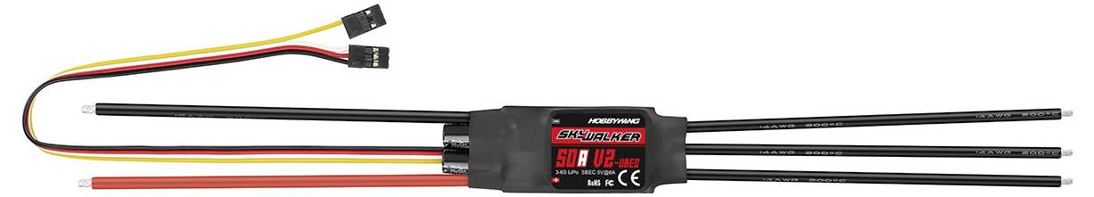 Elektroniczny regulator prędkości z przewodami i nadrukiem 'SAFE 12A LIPO'. Stosowany w modelach samolotów do sterowania silnikiem.