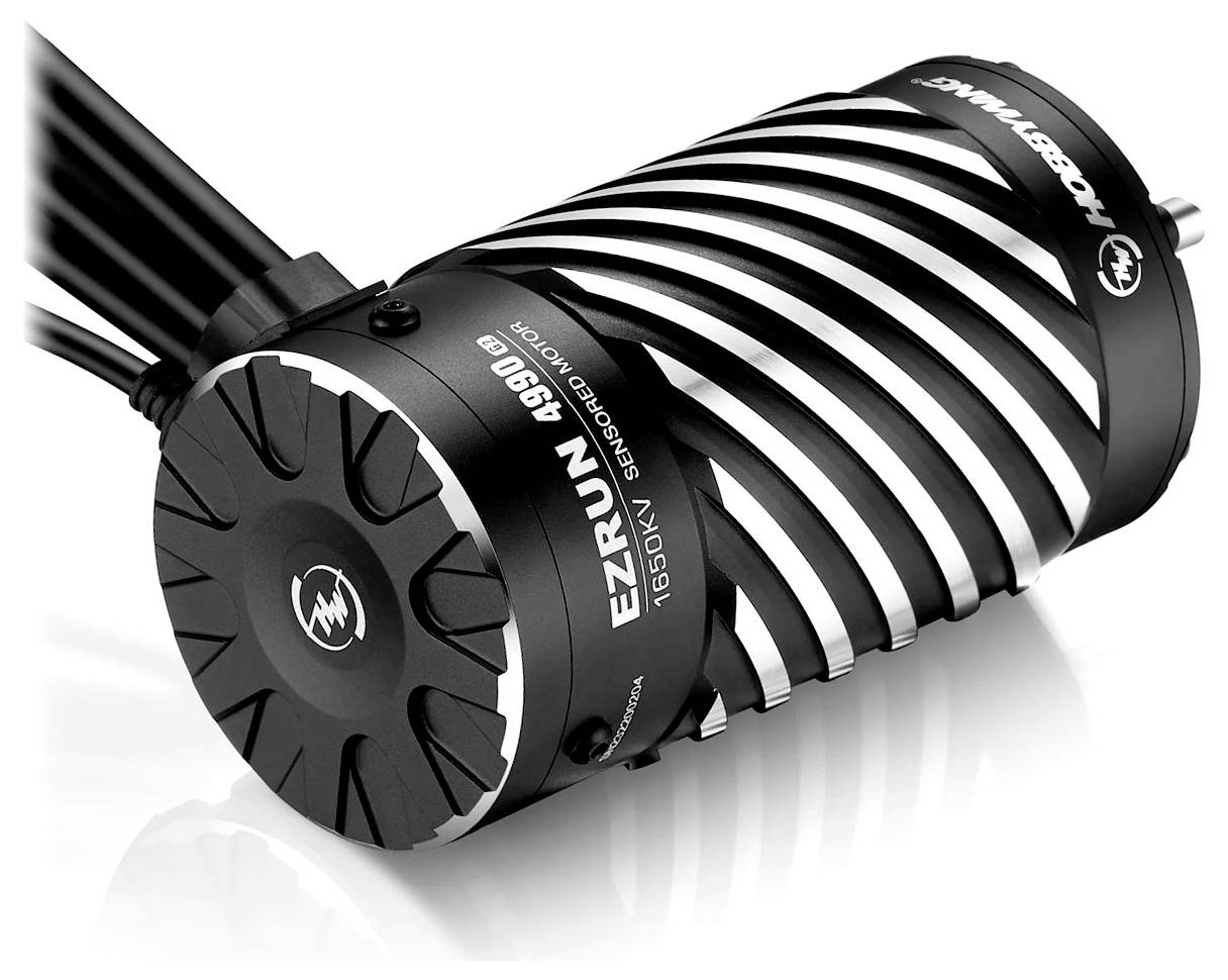 Czarny silnik elektryczny z napisem 'EZRUN 4985 1650KV SENSORLESS' i spiralnym wzorem radiatora.