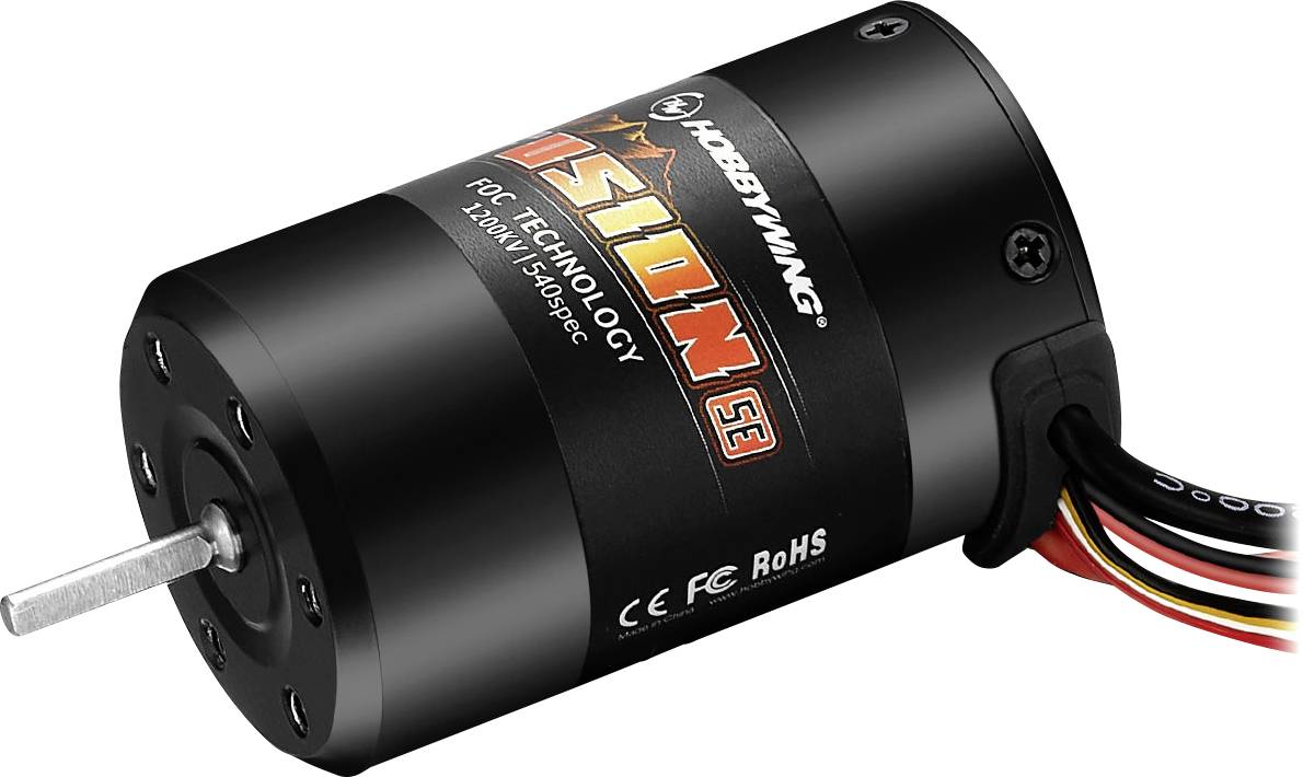 Bezszczotkowy silnik elektryczny w czarnej obudowie z wieloma przewodami, przeznaczony do modelarstwa. Napis: 'Hobbywing Fusion SE'.