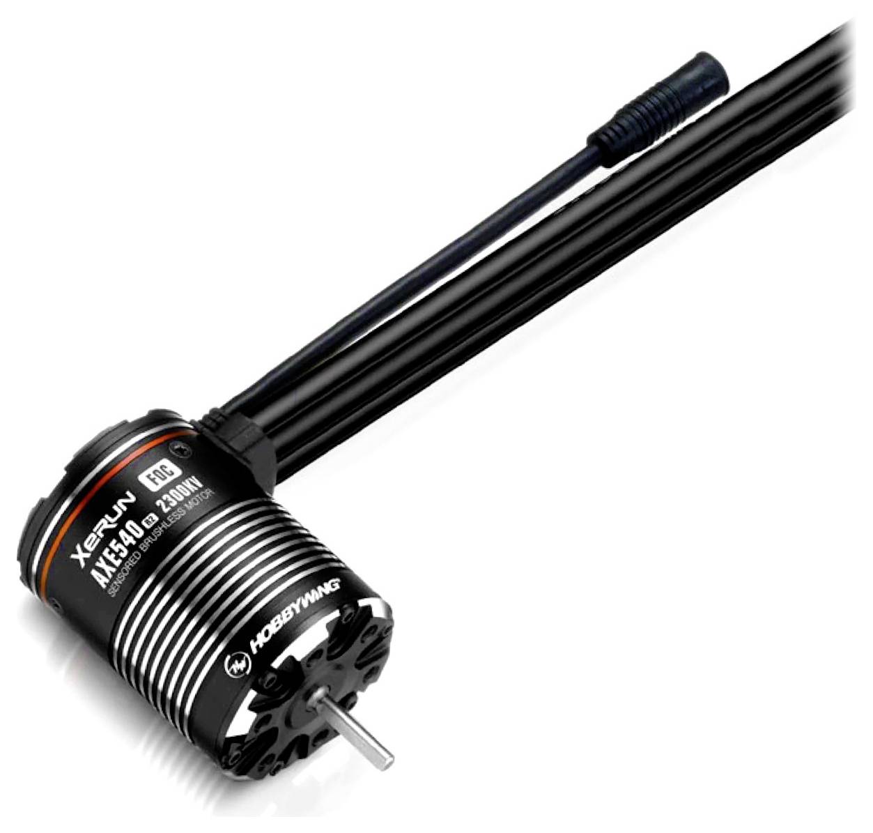 Bezszczotkowy silnik elektryczny w czarnej obudowie, model 'XeRun AXE540L' firmy Hobbywing, przeznaczony do samochodów zdalnie sterowanych.