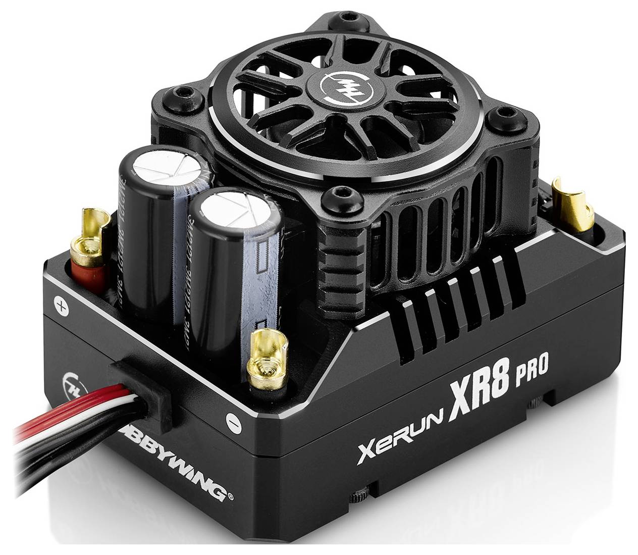 Elektroniczny regulator jazdy marki 'Hobbywing Xerun XR8 Pro' z wentylatorem i złączami, przeznaczony do samochodów zdalnie sterowanych.