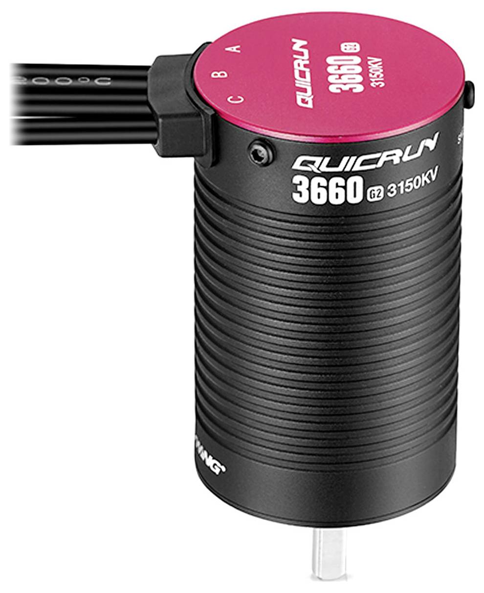 Czarno-czerwony silnik elektryczny z napisem 'QuicRun 3660 3150KV' przeznaczony do modeli zdalnie sterowanych, ukazujący przyłącza i przewody.