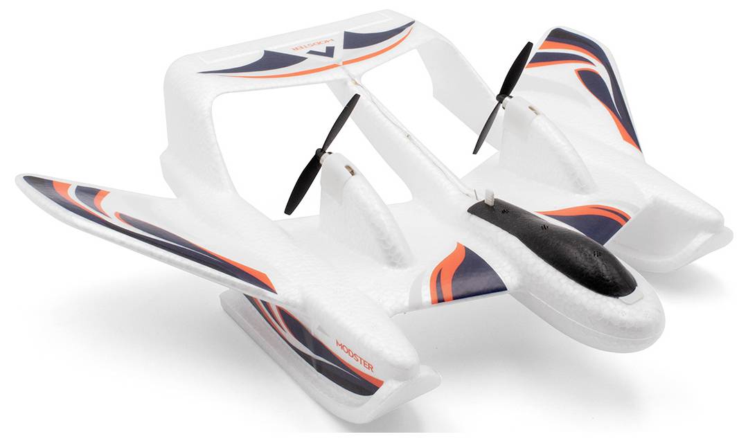 Białosamolocik modelowy z dwoma śmigłami i czerwonymi paskami ozdobnymi, zaprojektowany do startów z wody.