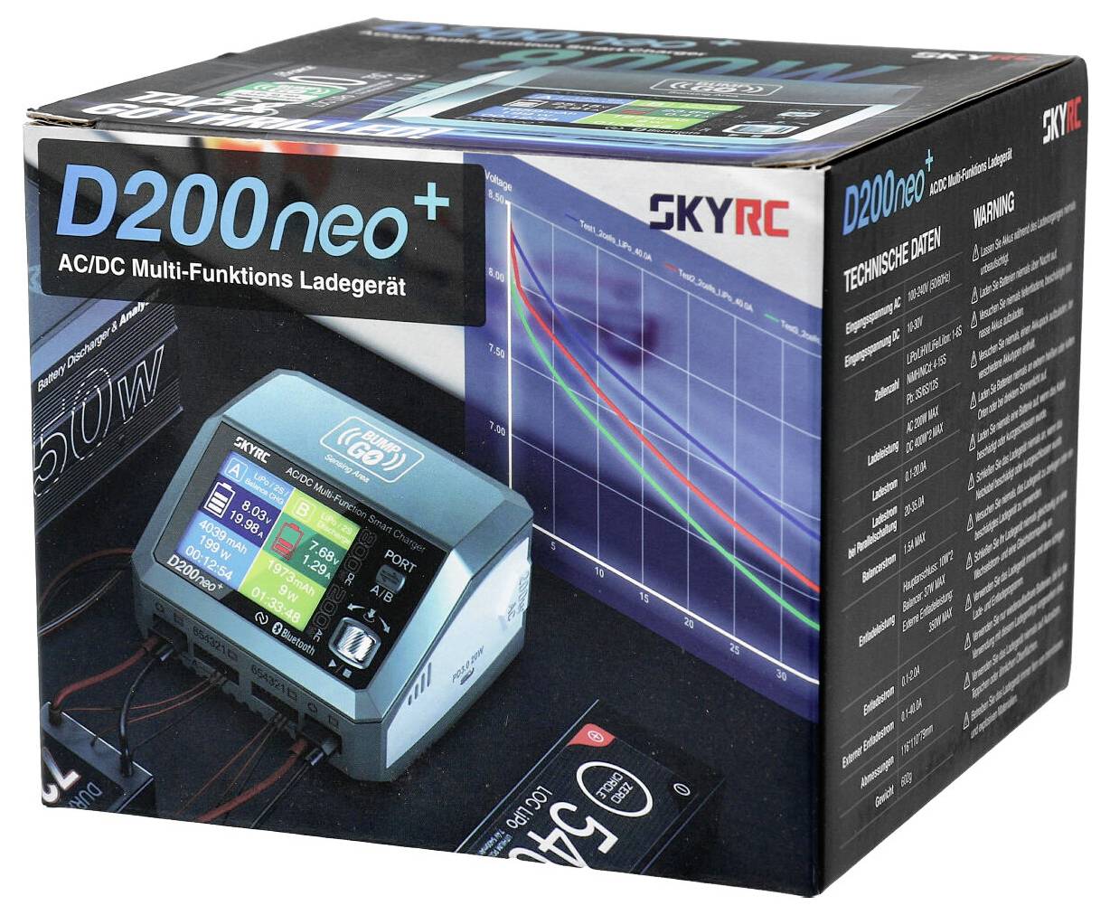 Opakowanie ładowarki SkyRC D200 neo+ z danymi technicznymi i grafikami podkreślającymi funkcje ładowania oraz wydajność energetyczną.