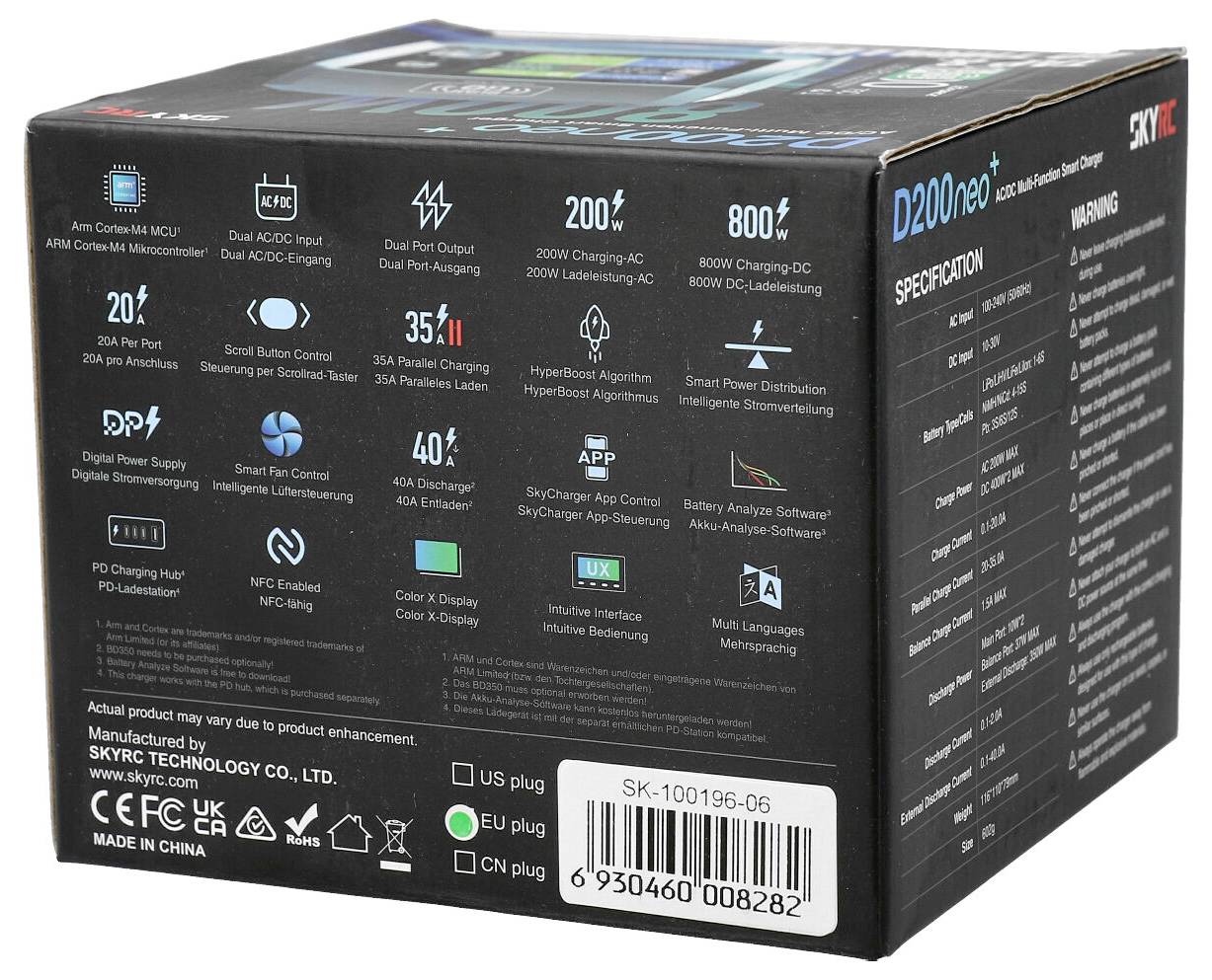 Czarna opakowanie produktu z parametrami ładowarki, w tym 200W szybkie ładowanie, USB-C, NFC, wsparcie aplikacji oraz ostrzeżeniami bezpieczeństwa.