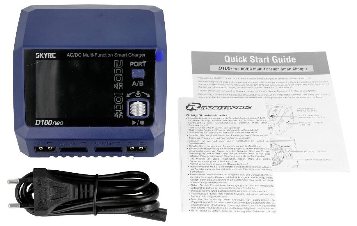Ładowarka D100neo z wtyczką sieciową i skróconą instrukcją obsługi. Wyświetlacz ładowarki pokazuje opcje. Instrukcja opisuje kolejne kroki użycia.