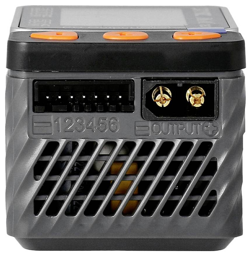 Szare urządzenie elektroniczne z wieloma możliwościami podłączenia i otworami wentylacyjnymi.