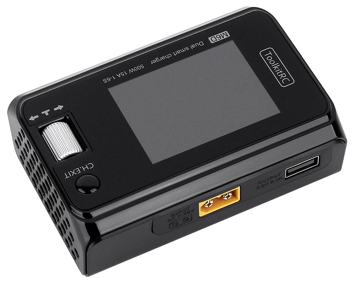Kompaktowa ładowarka z wyświetlaczem LCD, pokrętłem sterującym i gniazdami. Model: M6D Dual Smart Charger, marka ToolKitRC.