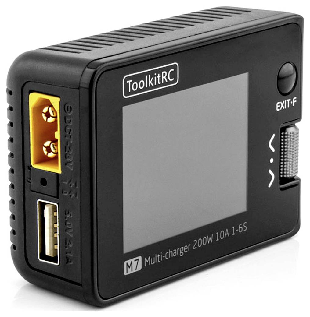 Wielofunkcyjna ładowarka ToolkitRC M7 z wyświetlaczem, złączem USB i złączem XT60, przeznaczona do ładowania akumulatorów 1-6S o mocy do 200W.