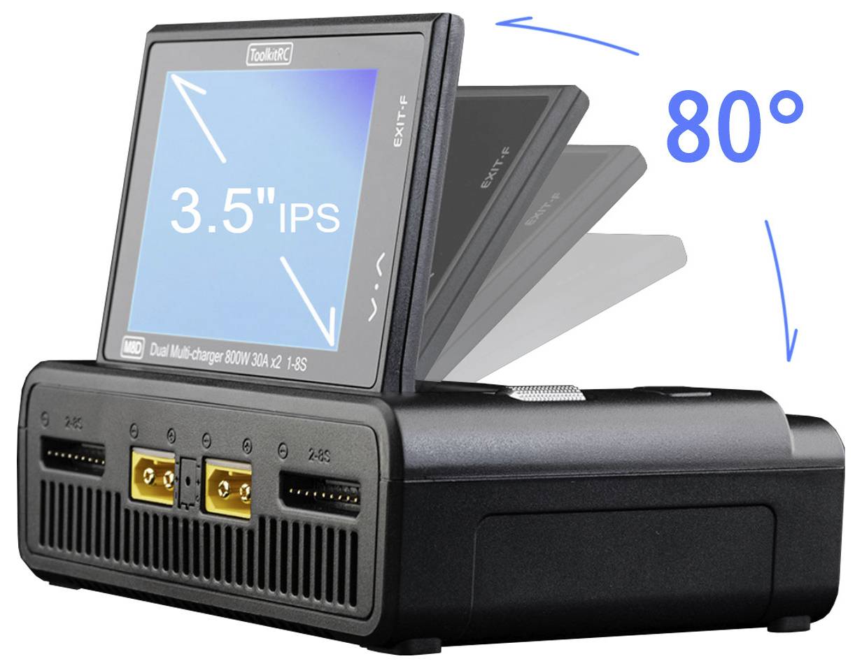 Ładowarka z wyświetlaczem 3,5-calowym, który można złożyć pod kątem 80 stopni. Z przodu pokazuje różne możliwości podłączenia.