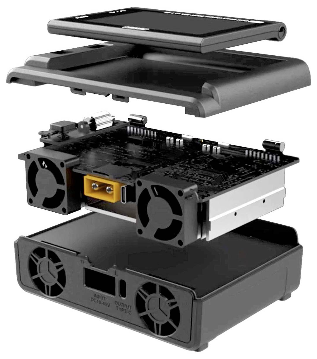 Rozłożone urządzenie elektroniczne składające się z wyświetlacza, płyty głównej z wentylatorami oraz jednostki bazowej. Prezentuje komponenty wewnętrzne i strukturę.