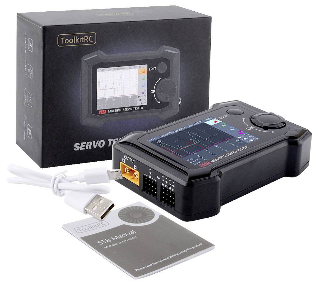 Tester serw ToolkitRC w opakowaniu z kablem USB, instrukcją obsługi i ekranem wyświetlającym wykres pomiarowy. Używany do konfiguracji serwomechanizmów.