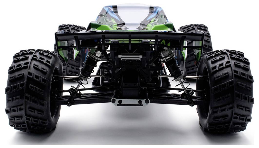 Zielony samochód zdalnie sterowany z dużymi, grubymi oponami terenowymi, widziany od przodu. Idealny do przygód poza utwardzonymi drogami.