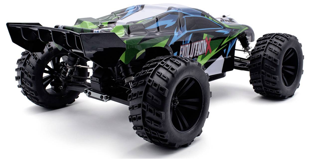 Zabawkowy samochodzik z dużymi kołami i kolorowym, futurystycznym designem, widziany z tyłu od prawej strony.