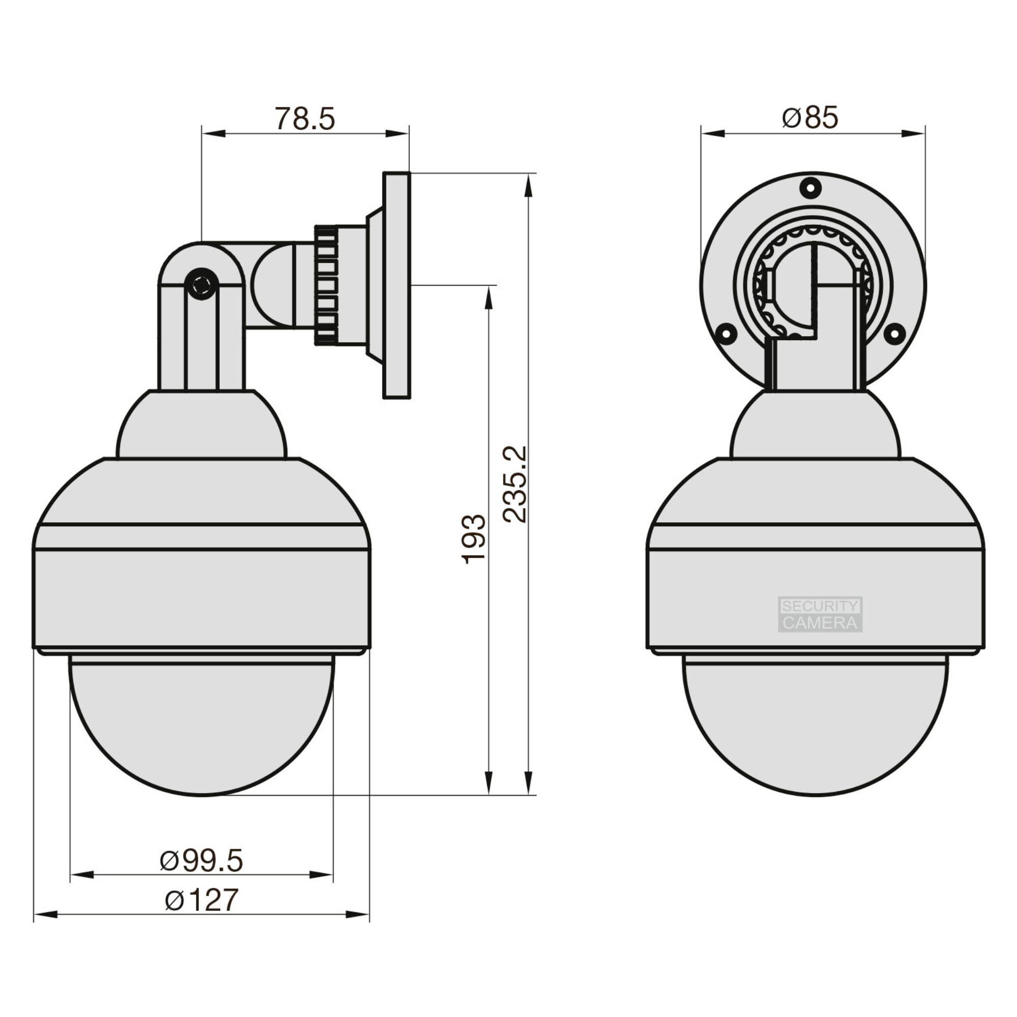 Rysunek techniczny kamery monitorującej z wymiarami: wysokość 193 mm, szerokość 78,5 mm, średnica kamery 99,5 mm.