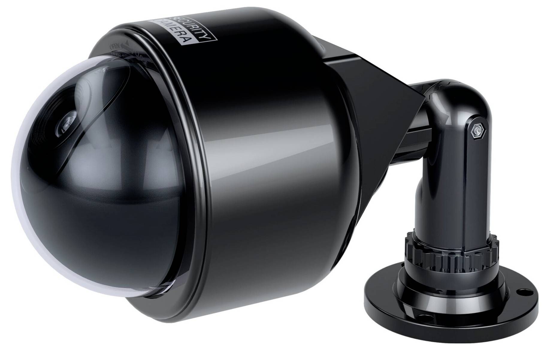 Czarna kamera kopułkowa z uchwytem ściennym, odpowiednia do nadzoru bezpieczeństwa wewnątrz i na zewnątrz budynków.