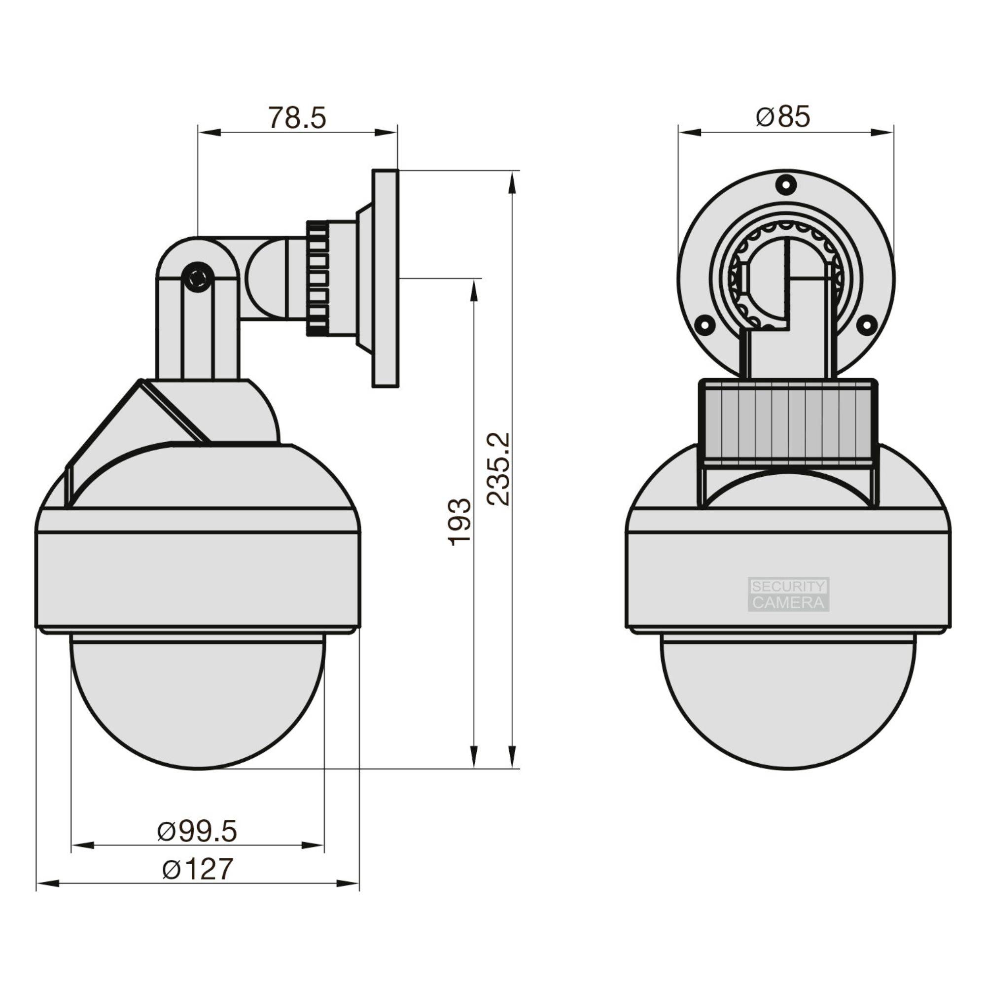 Rysunek techniczny kamery monitoringu w dwóch rzutach, przedstawiający szczegółowe wymiary i detale.