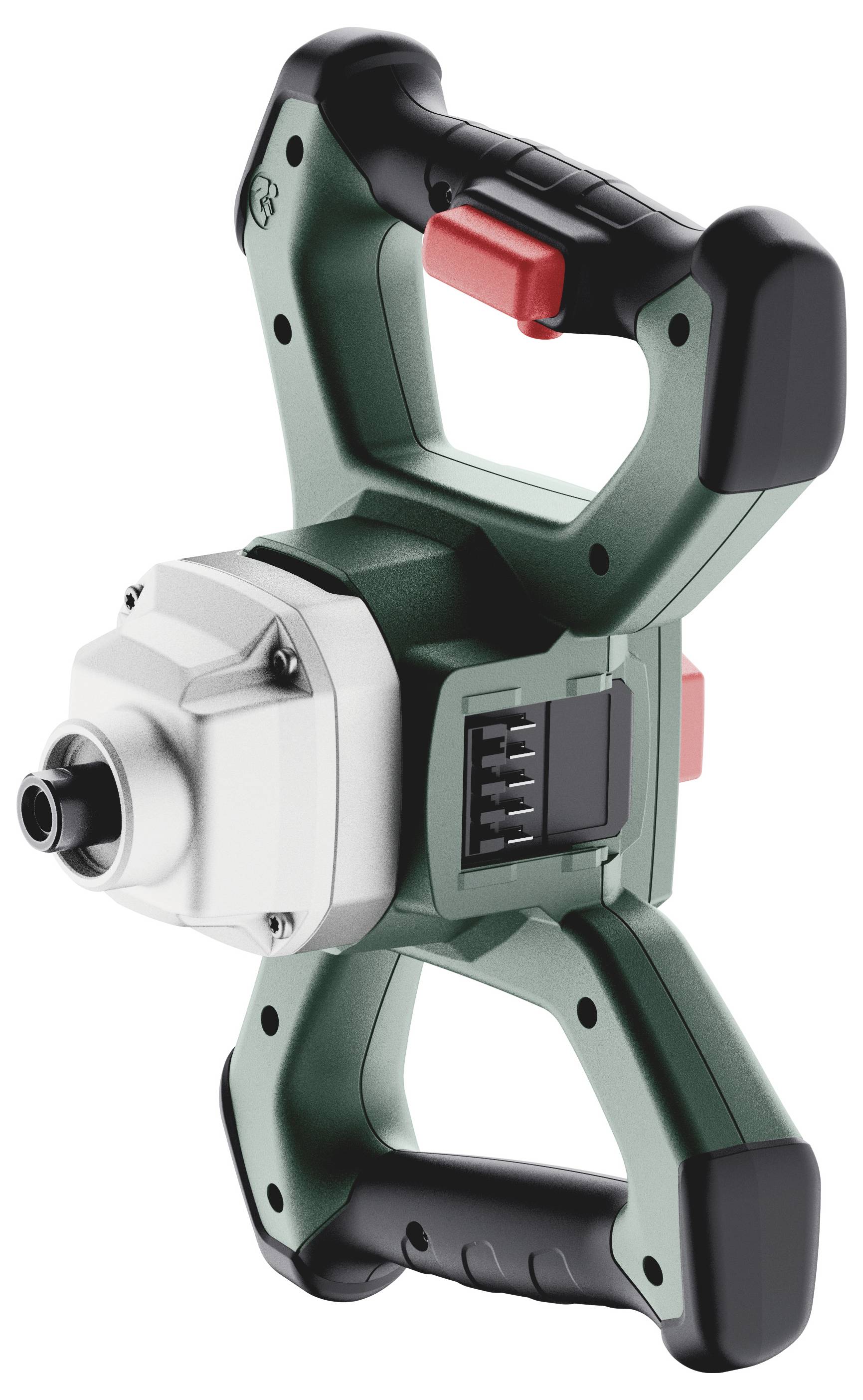 Elektryczne narzędzie ręczne w kolorze zielonym z czarnym uchwytem, czerwonym włącznikiem i srebrną głowicą. Odpowiednie do prac mieszających.