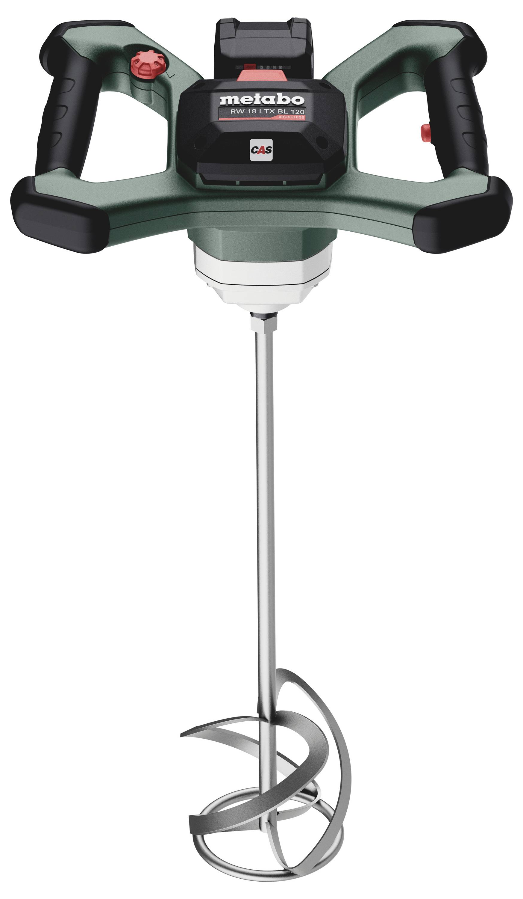 Wydajny, zielony mikser ręczny z spiralnym narzędziem mieszającym, przeznaczony do mieszania materiałów takich jak farba lub zaprawa.