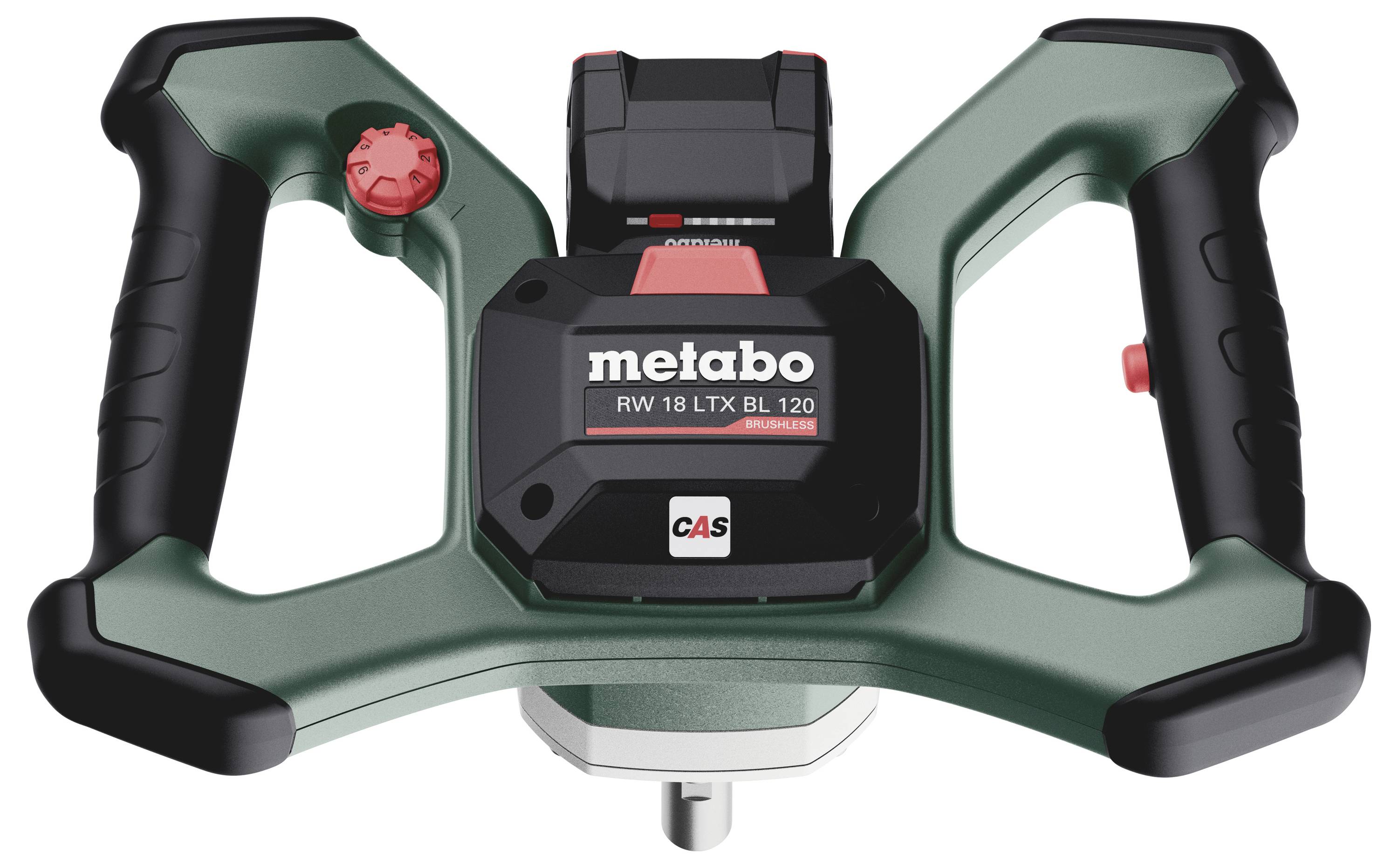 Mieszadło Metabo RW 18 LTX BL 120 w ciemnej obudowie z dwoma uchwytami i czerwonym pokrętłem, przeznaczone do mieszania na placach budów.