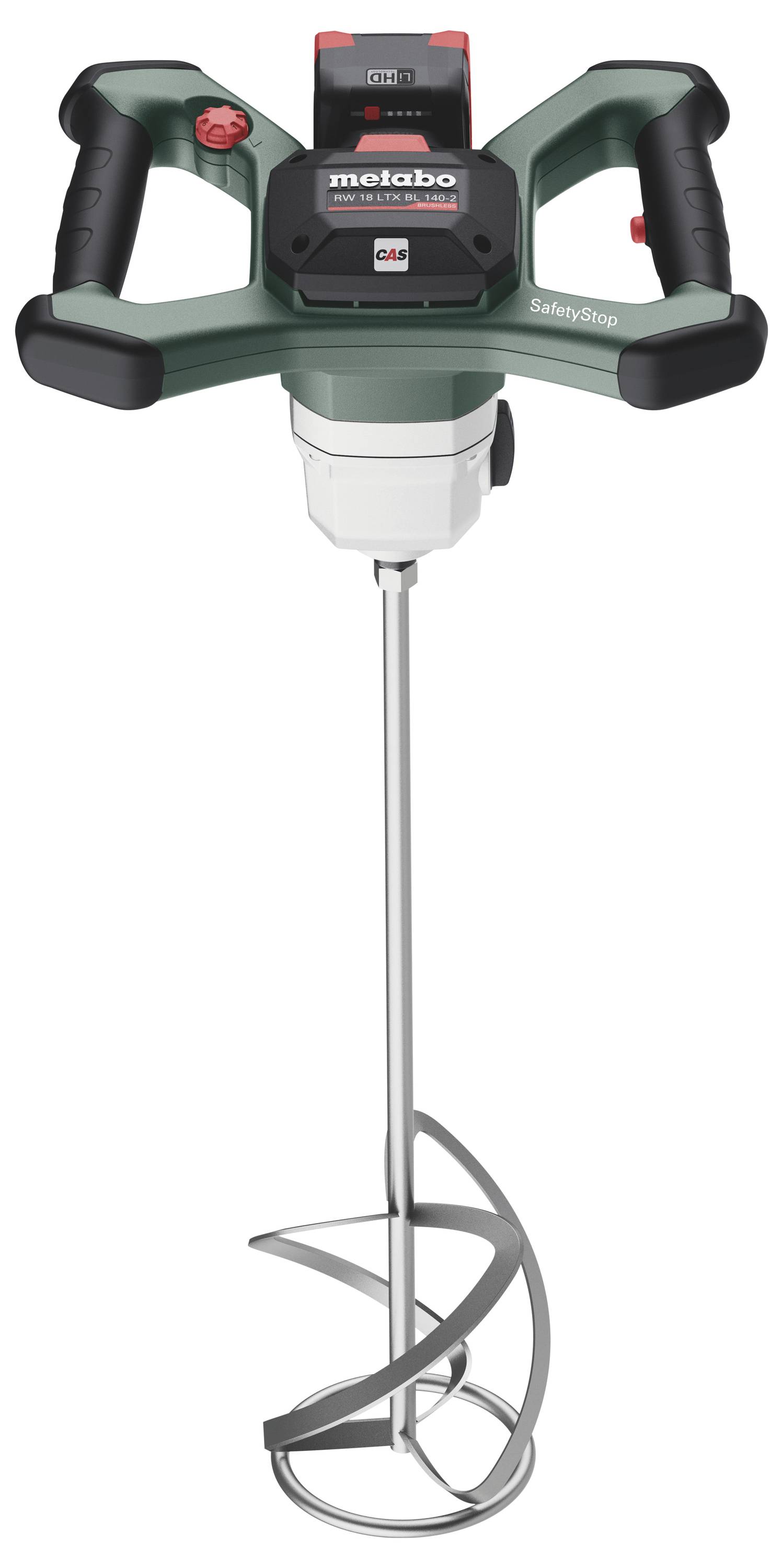 Mikser elektryczny Metabo z podwójnym uchwytem, w kolorze zielono-czarnym, wyposażony w funkcje bezpieczeństwa i mieszadło. Idealny do projektów budowlanych.