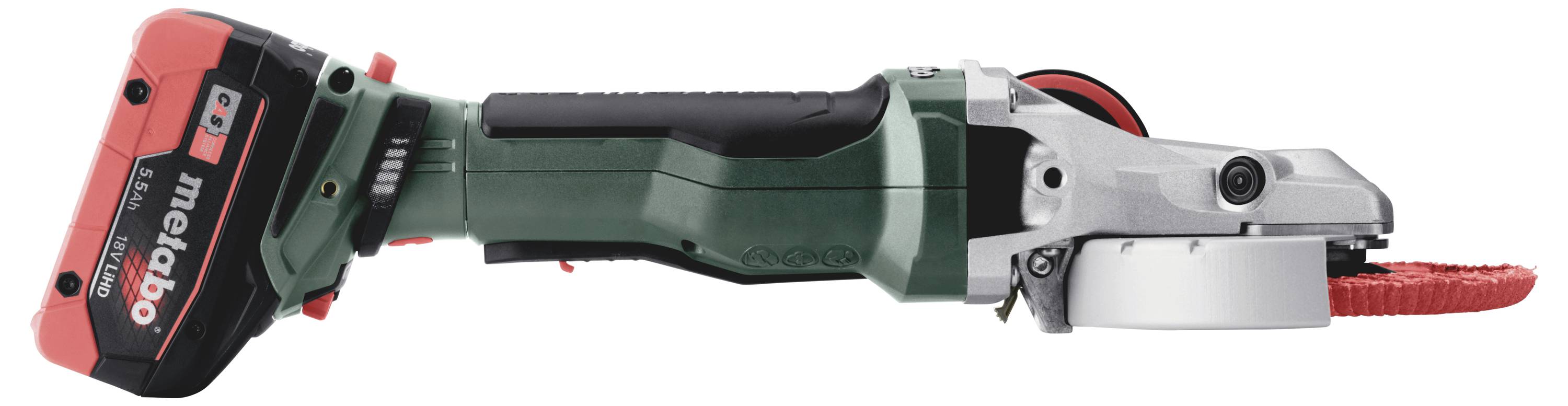 Ręczna szlifierka kątowa z czerwonym akumulatorem i zielonym uchwytem, widziana z boku.