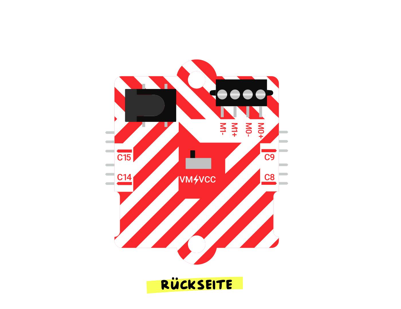 Tylna strona czerwonego mikrokontrolera z wzorem paskowym i kilkoma złączami, oznaczonymi jako C9, C14, C15, MT- oraz MT+.