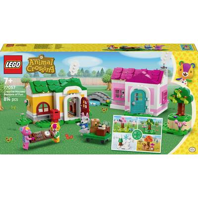 Zestaw LEGO przedstawiający dwie kolorowe domki, drzewo i postacie zwierzęce z 'Animal Crossing.' Etykieta: 'Kreatywne Domki: Sezonowa Zabawa, 814 elementów.'