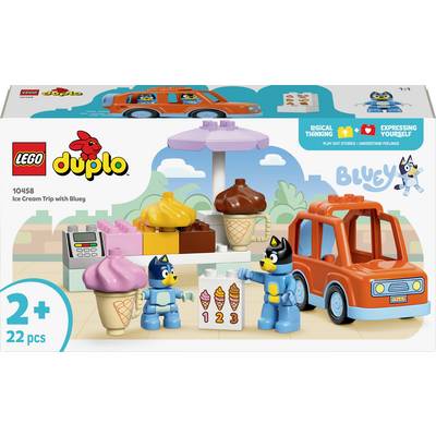 Zestaw 'LEGO DUPLO Wyprawa po Lody z Bluey', zawierający figurki, budkę z lodami, rożki i czerwony samochód, składający się z 22 elementów, przeznaczony dla dzieci od 2 lat.