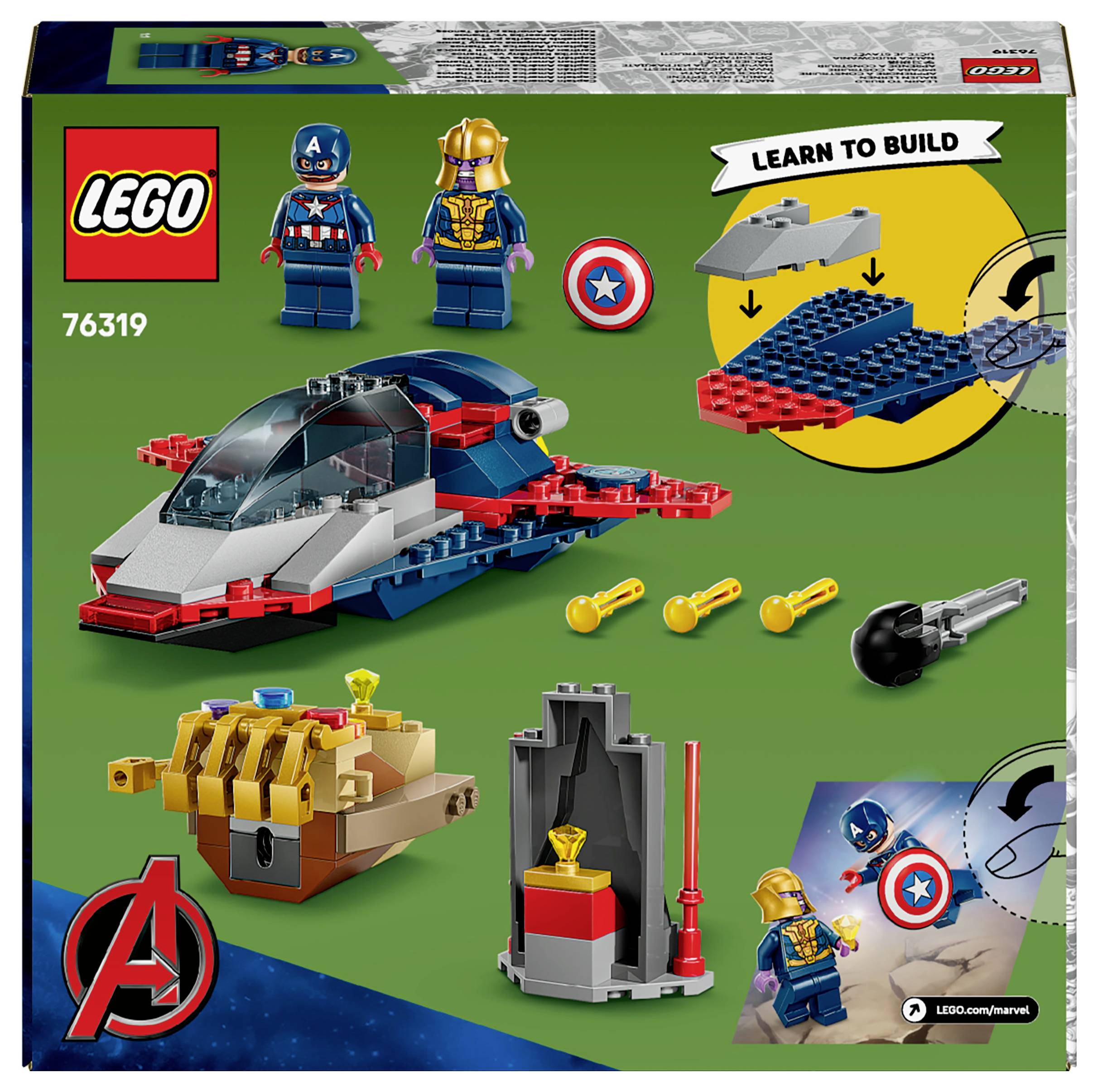 Pudełko 'LEGO 76319' prezentujące zestaw LEGO Marvel z figurkami Kapitana Ameryki i Thanosa, statkiem kosmicznym i armatą. Widoczny napis 'Ucz się budować'.