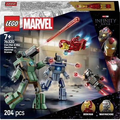 'Zestaw Lego Marvel Avengers Infinity Saga 76320 przedstawiający Iron Mana i War Machine'a walczących z dronami Hammera. Zawiera 204 elementy. Odpowiedni dla dzieci w wieku 7 lat i starszych.'