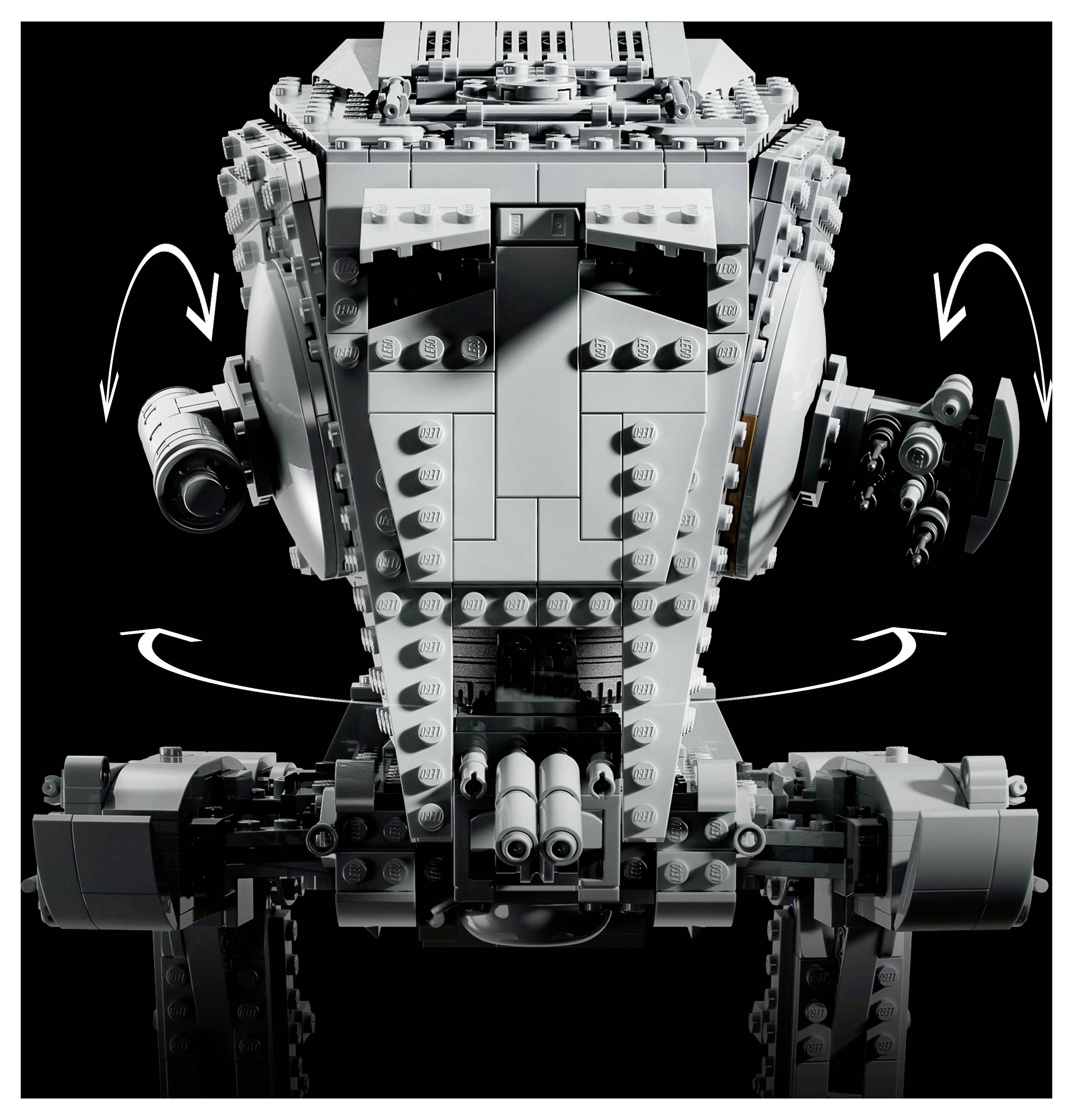 Model LEGO sierpowatego chodzącego transportera opancerzonego AT-AT z Star Wars, z zaznaczonymi strzałkami ruchome elementy głowy i boczne komponenty, umieszczony na czarnym tle.