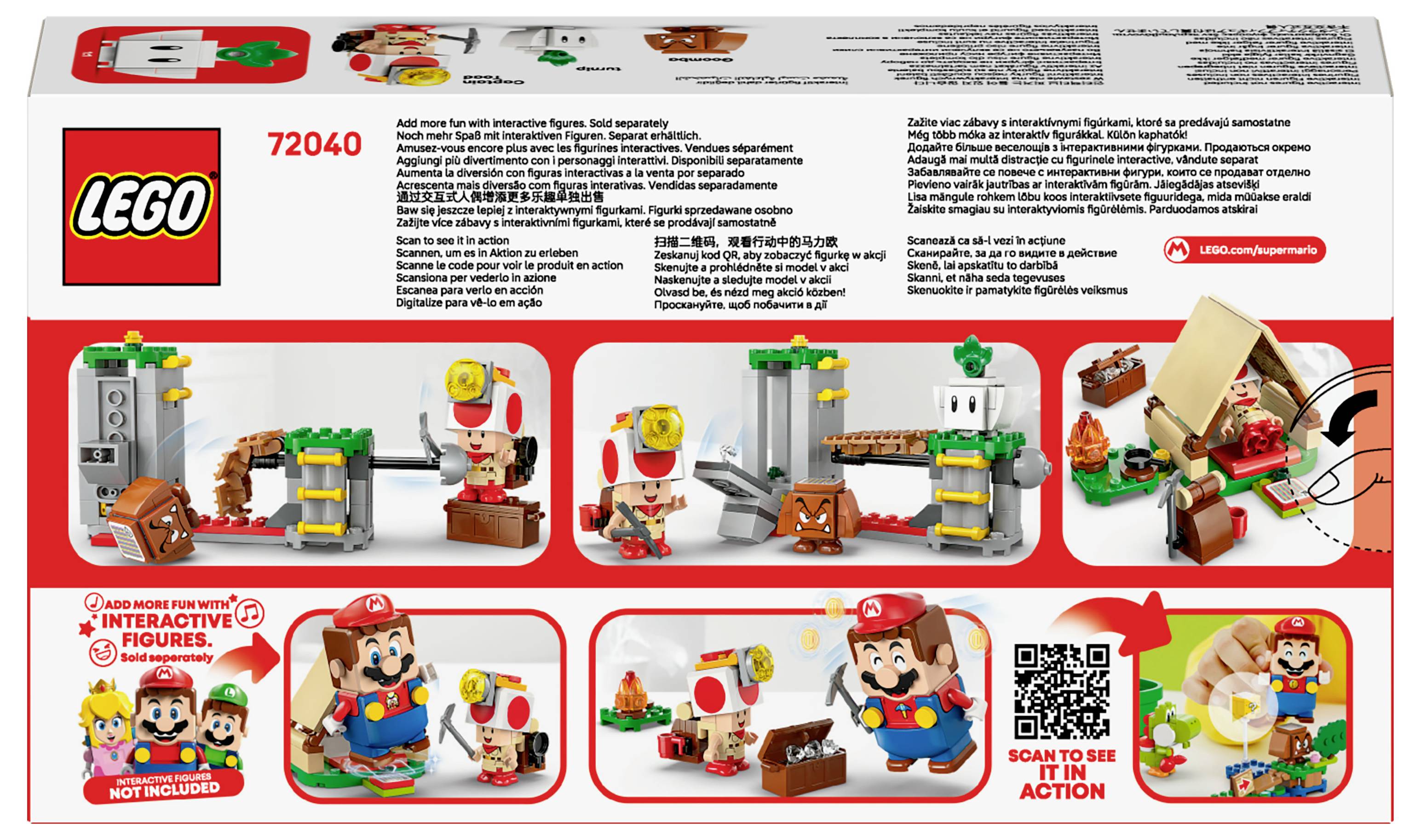 Zestaw LEGO 72040 z motywem Mario. Obrazy przedstawiają interaktywne funkcje, różne komponenty oraz kod QR do wyświetlenia dodatkowych szczegółów.