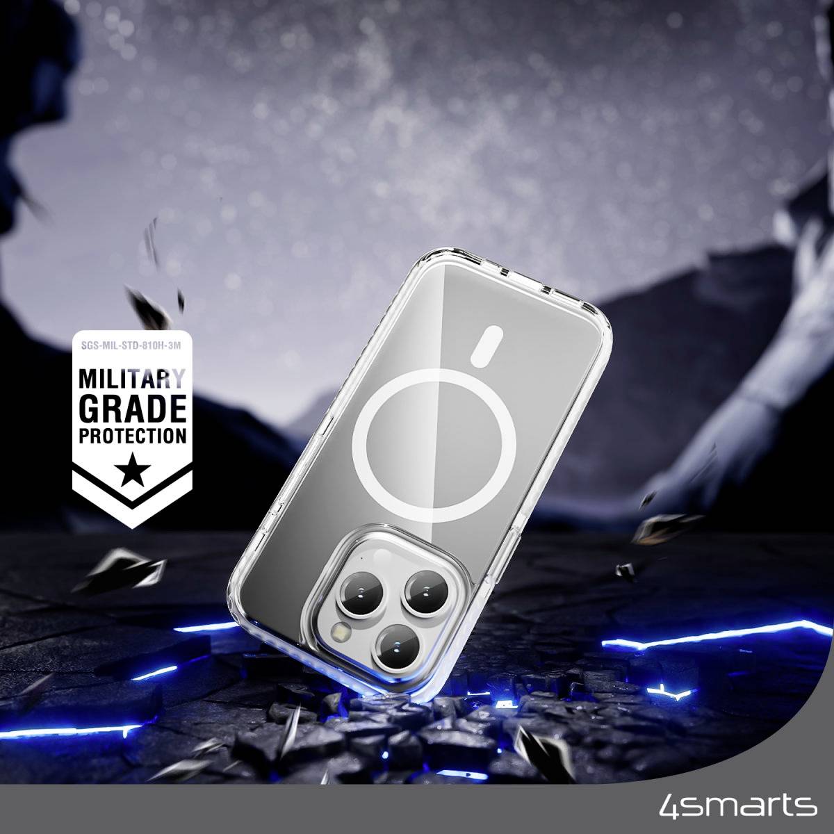 Przezroczyste etui na telefon chroni smartfon przed uszkodzeniami w wyniku upadków, reklamowane jako 'Ochrona na poziomie wojskowym' tekst i symbol.
