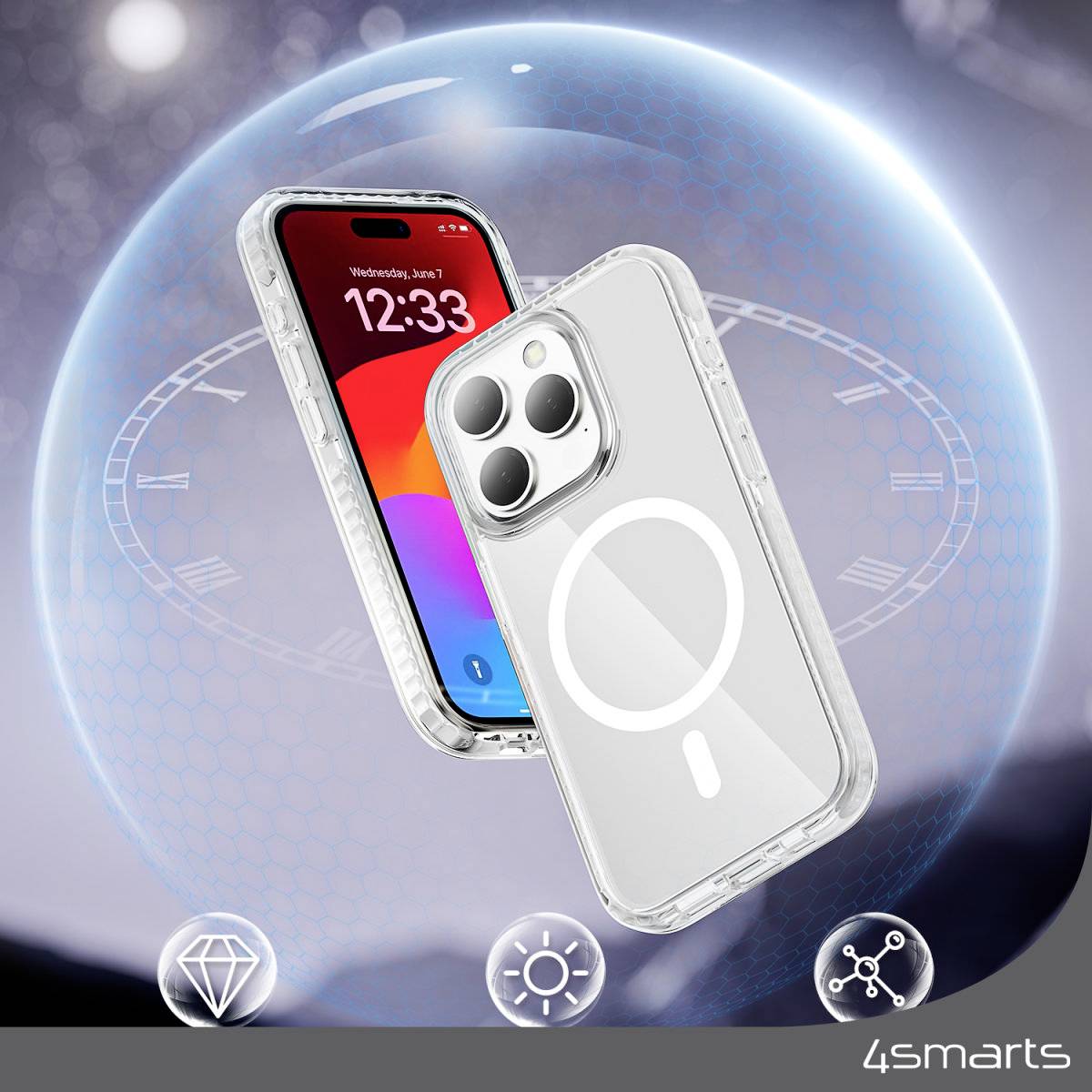 Smartfon w przezroczystej obudowie unosi się na futurystycznym tle. Wyświetlacz pokazuje datę i godzinę.