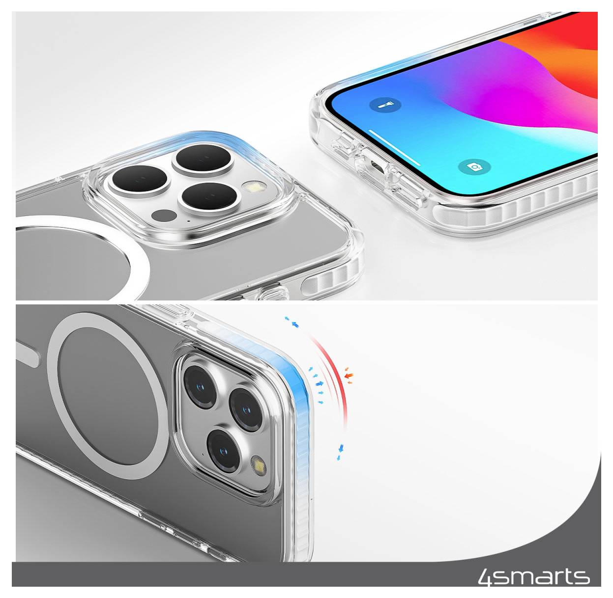 'Przezroczyste etui na telefon iPhone z ochroną aparatu. Magnetyczny tył do mocowań. Dokładne, bezbłędne dopasowanie.'