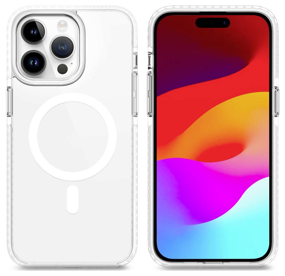 Smartfon z przezroczystą obudową i kolorowym ekranem, widoczny z przodu i z tyłu.