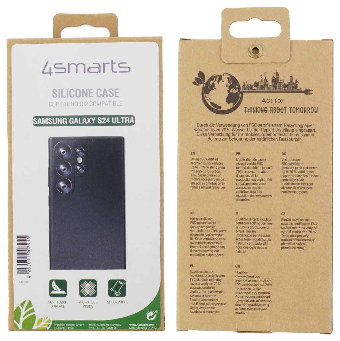 Silikonowe etui ochronne do Samsung Galaxy S24 Ultra. Odporne na wstrząsy, wykonane z materiału podlegającego recyklingowi. Opakowanie przedstawia zarys miasta.