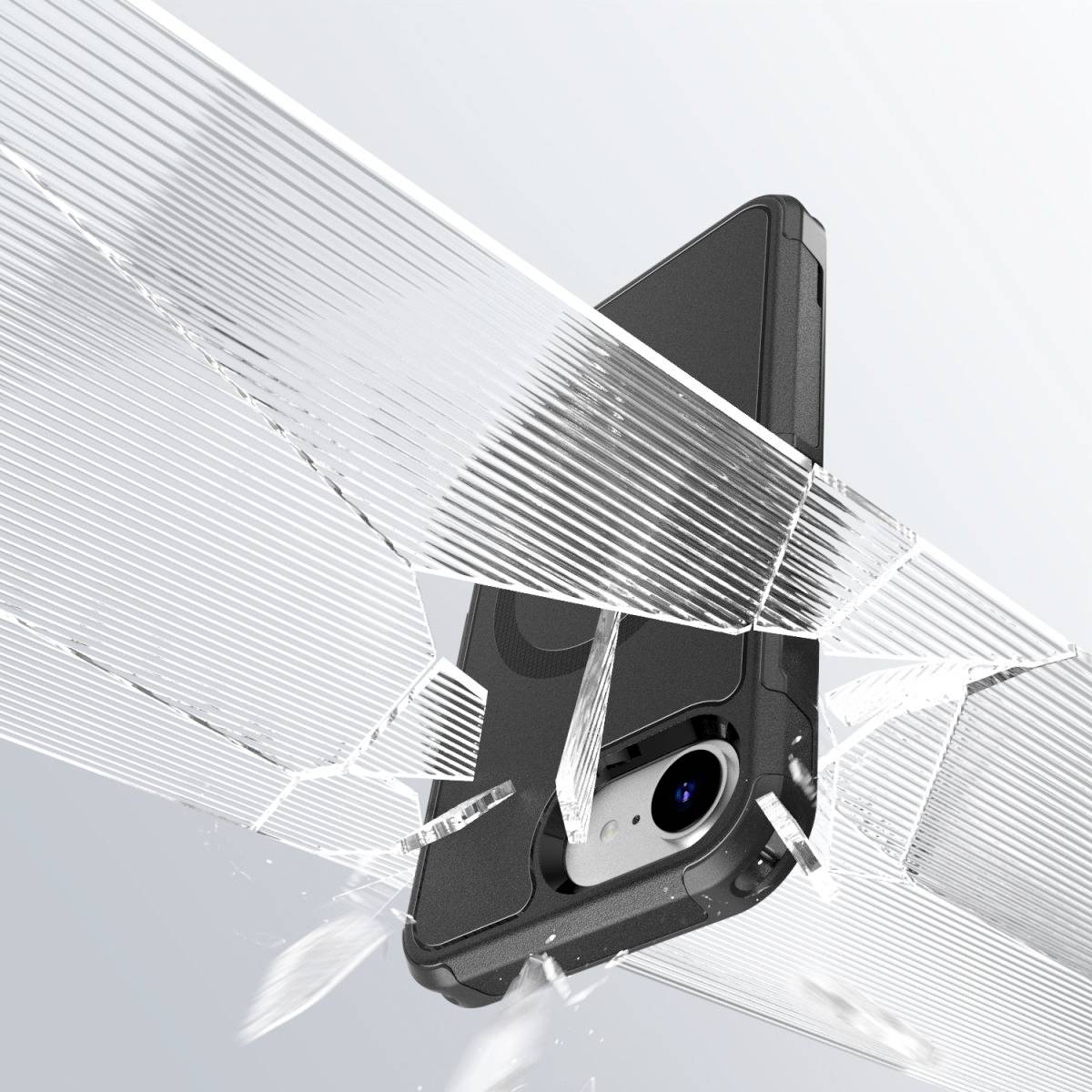 Smartfon spada na rozbitą szklaną powierzchnię, pokazując wytrzymałość obudowy telefonu i ochronę przed wstrząsami.