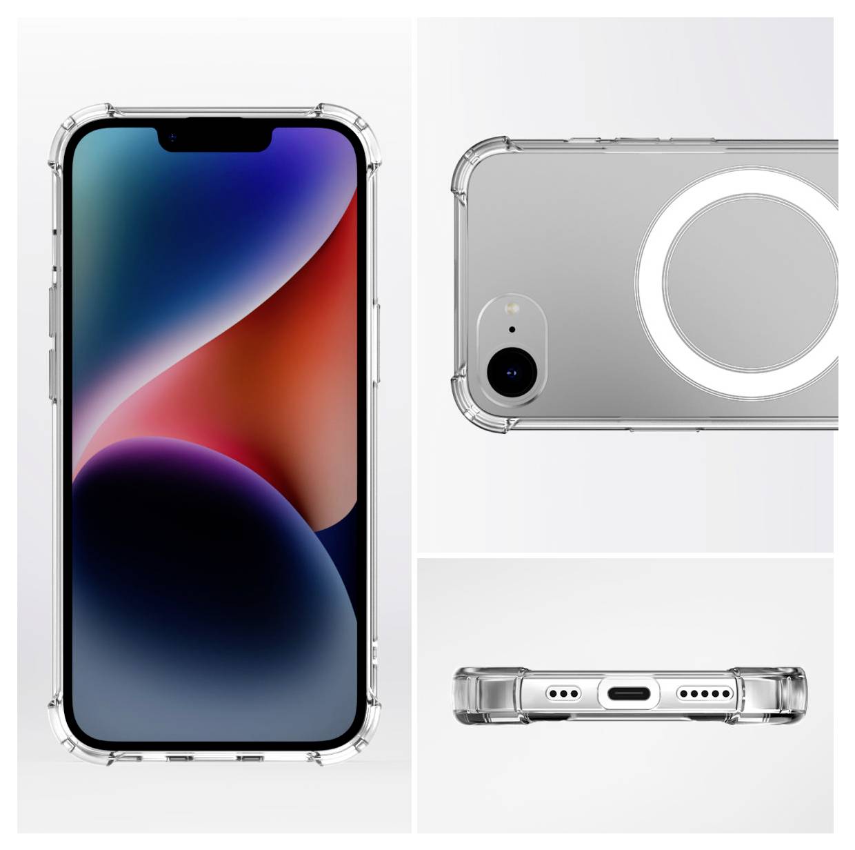 Smartfon od przodu z podświetlonym ekranem, z tyłu z modułem kamery i pierścieniem magnetycznym, krawędź z gniazdami głośników.