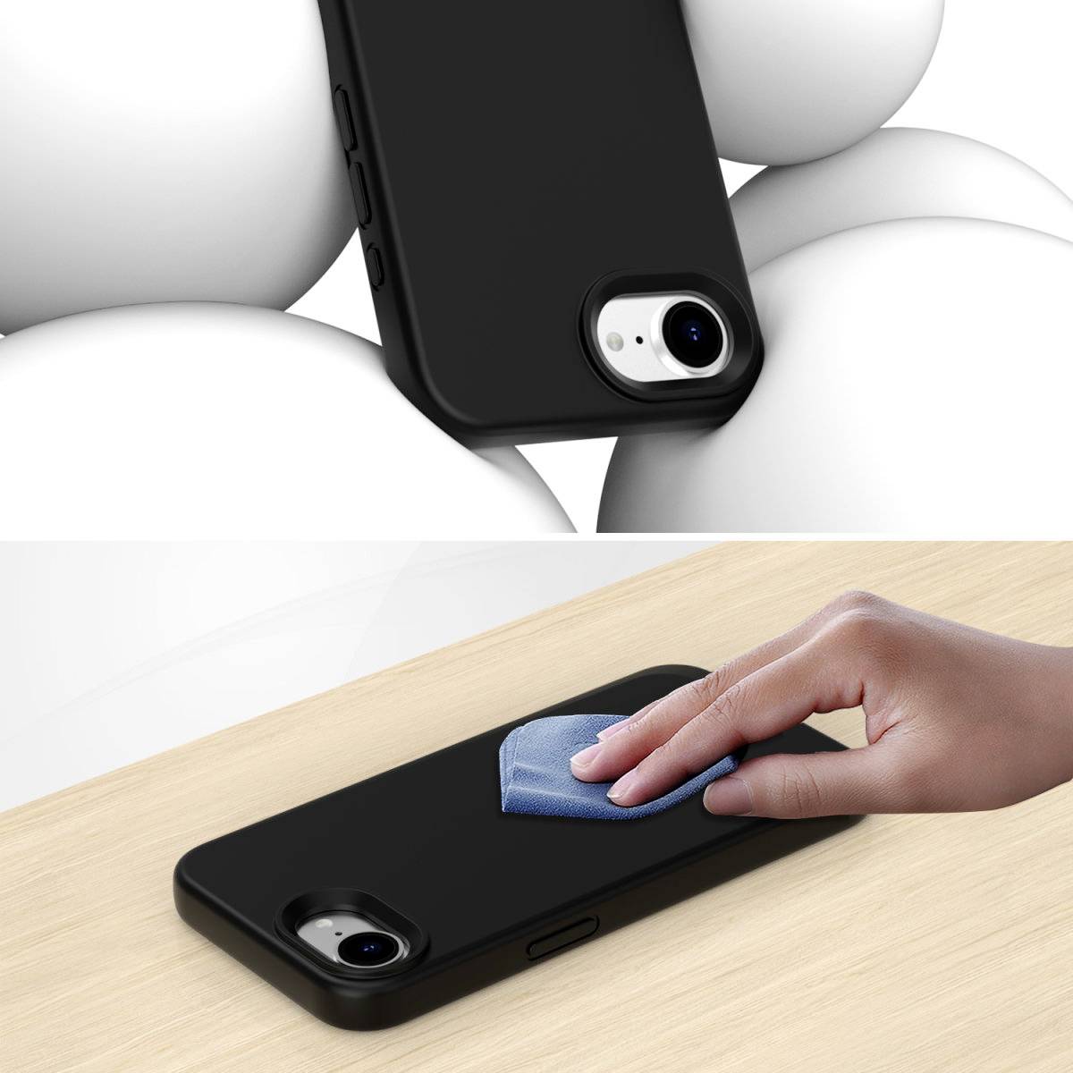 'Czarny smartfon na drewnianym stole; dłoń wyciera tylną część szmatką.'