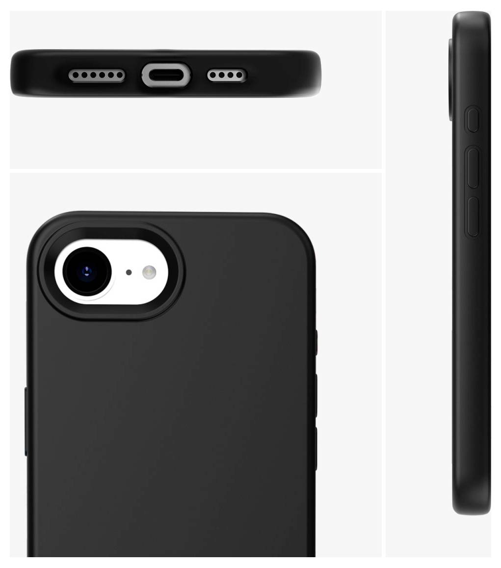 Czarna obudowa telefonu w zbliżeniu z różnych perspektyw: tył z wycięciem na aparat, przyciski boczne oraz dolne złącza.