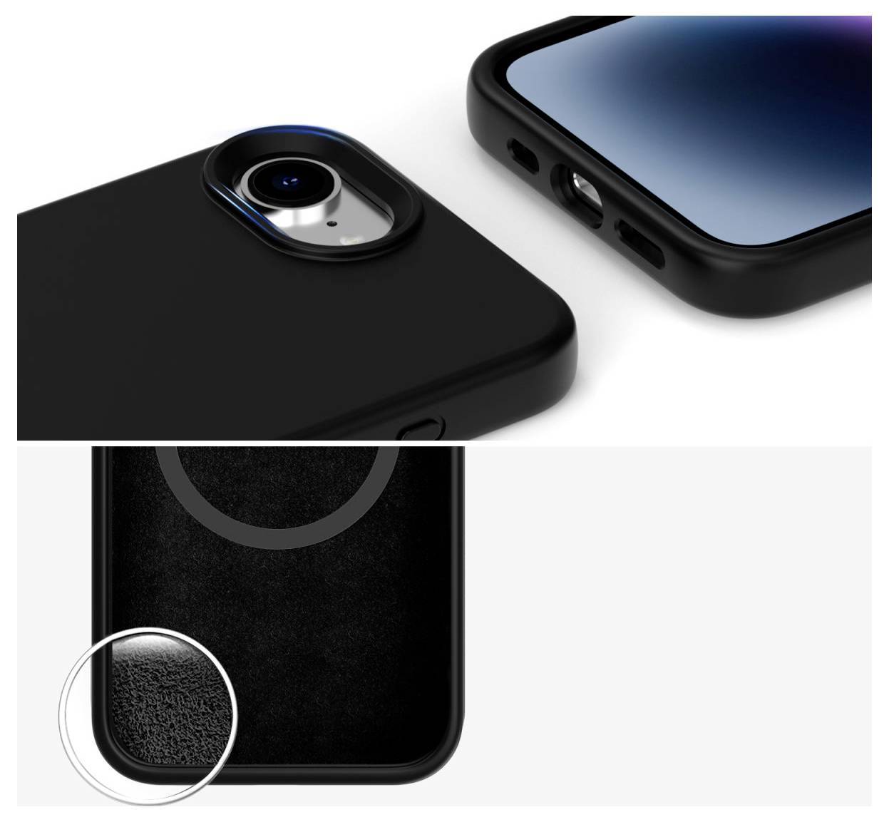 Czarna obudowa na telefon z okrągłym wycięciem na aparat oraz bocznymi otworami na złącza. Widok szczegółowy od wewnętrznej strony.