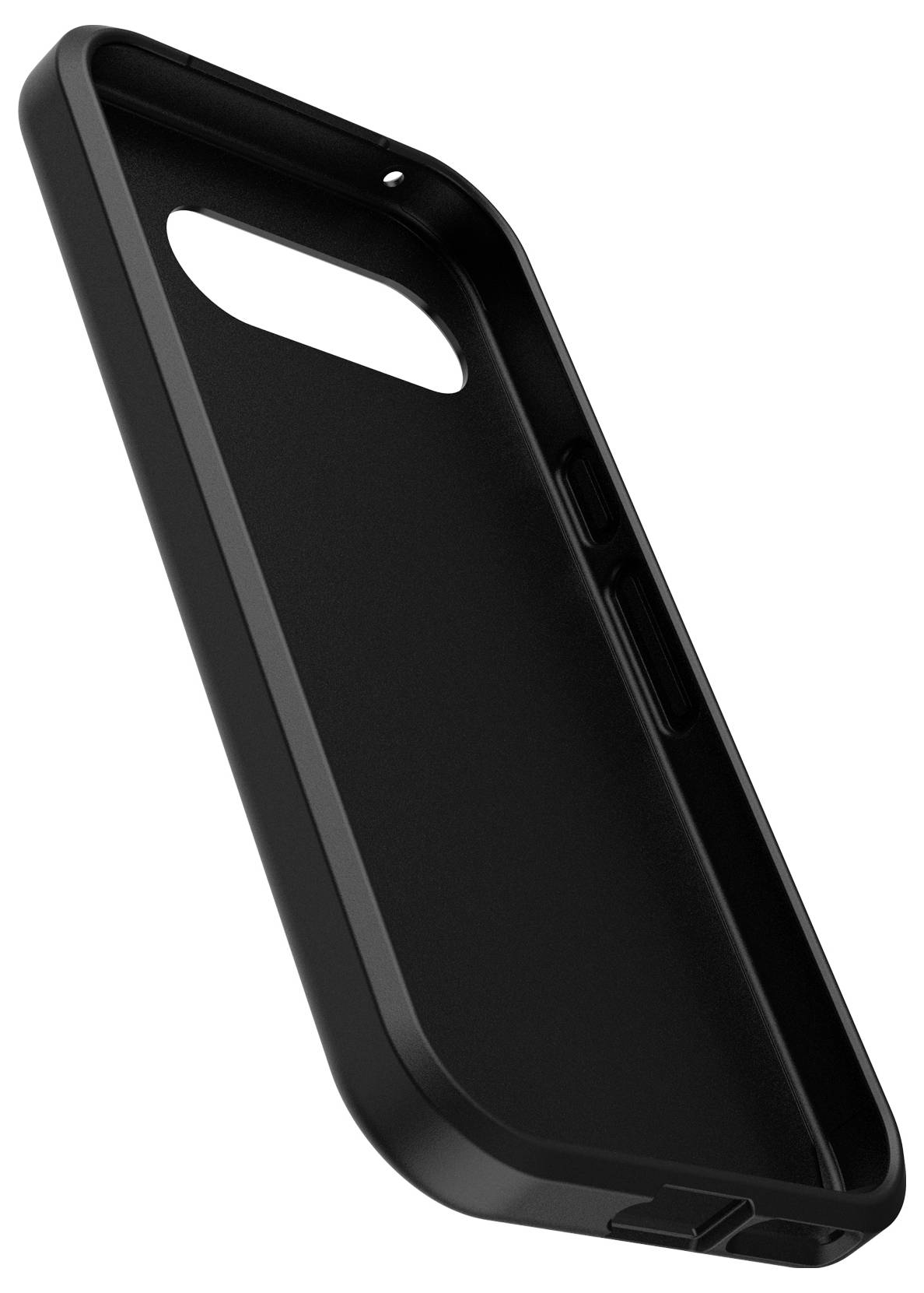 Czarna obudowa na telefon wykonana z tworzywa sztucznego, o lekko ściętej konstrukcji, z otworami na aparat i przyciski sterujące z boku.